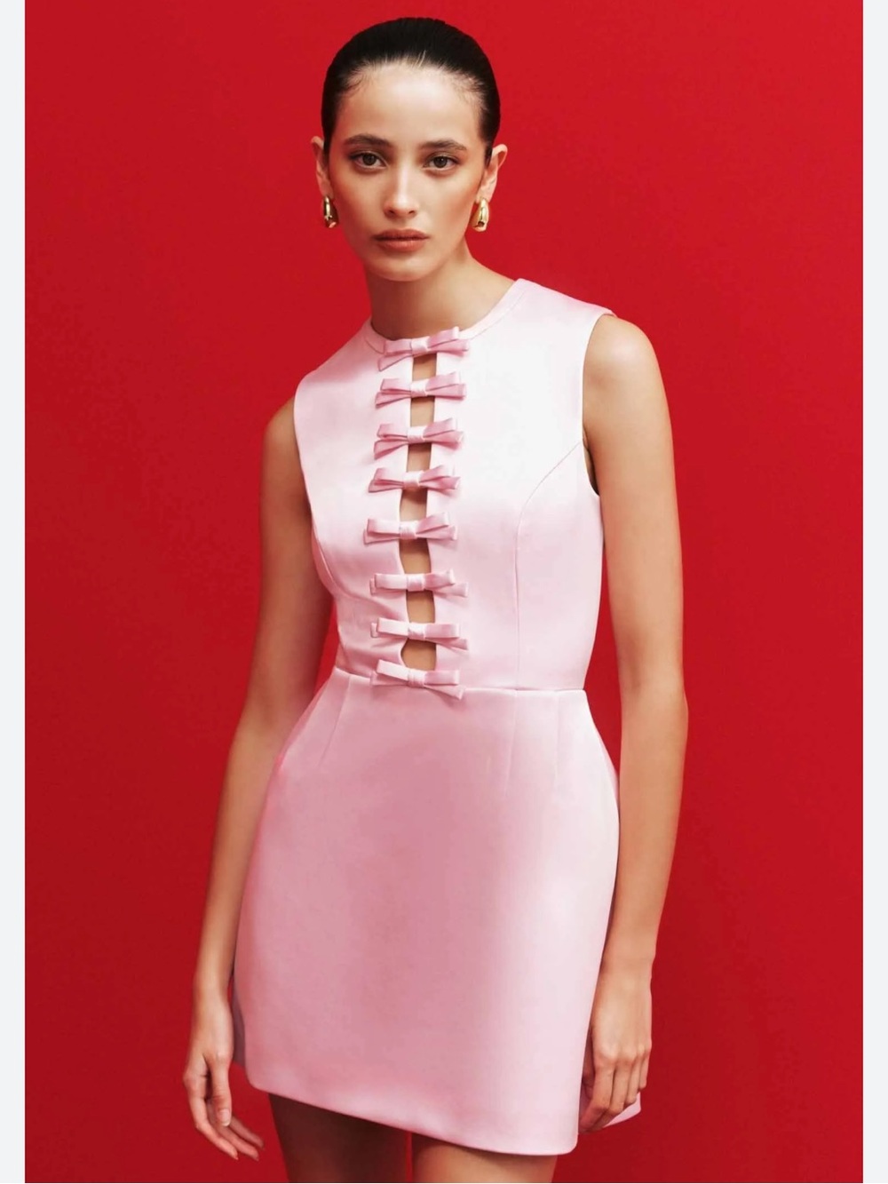 Rebecca Vallance Aymee Bow Cutout Satin Mini Dress in Soft Pink Size US 8